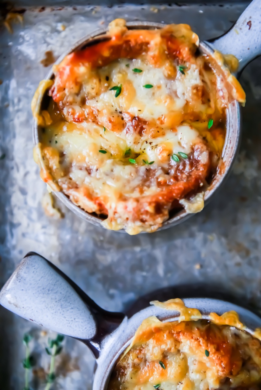 classic french onion soup on a tray