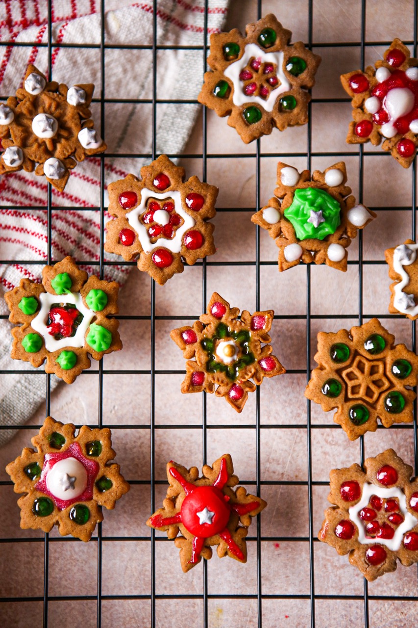 Close up of decorated snow flake gingerbread cookies. 