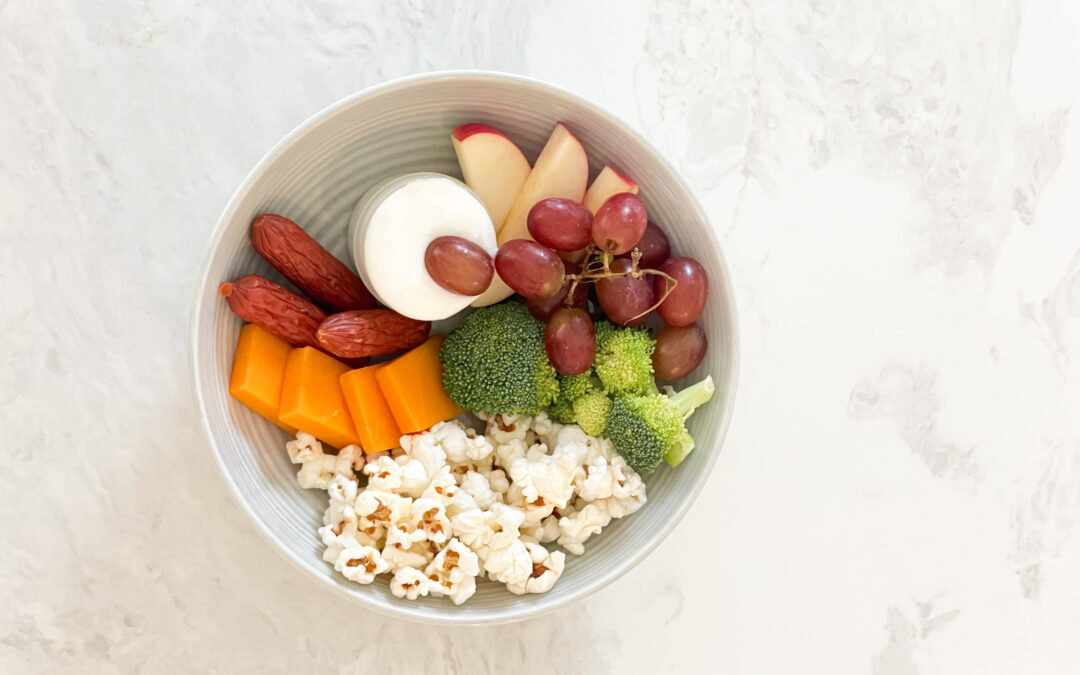 pepperoni sticks, cheese, popcorn, fruit and veggies with dip!